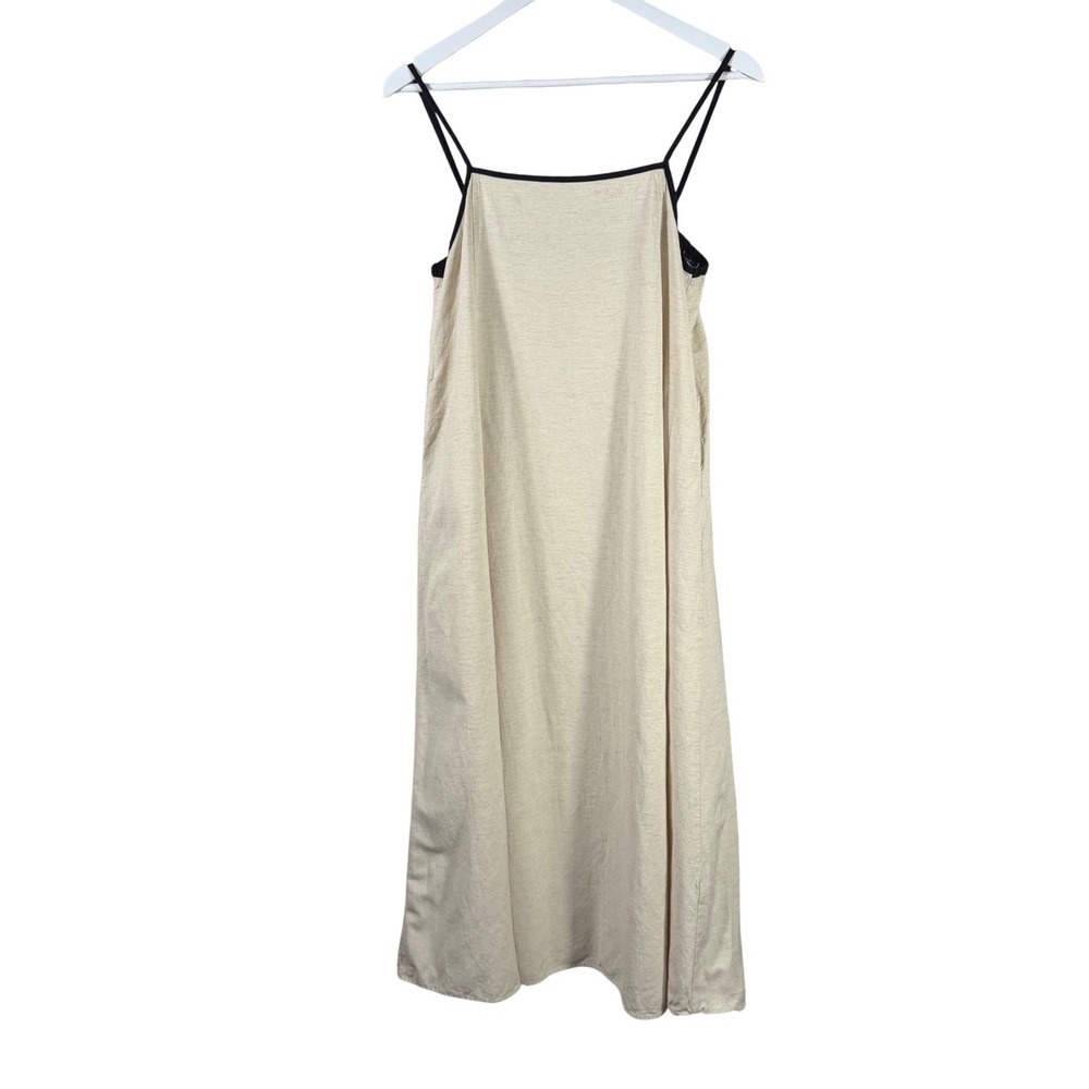 Shy Velvet Beige Linen Blend Midi Dress Small Black Trim Tie Back Pockets